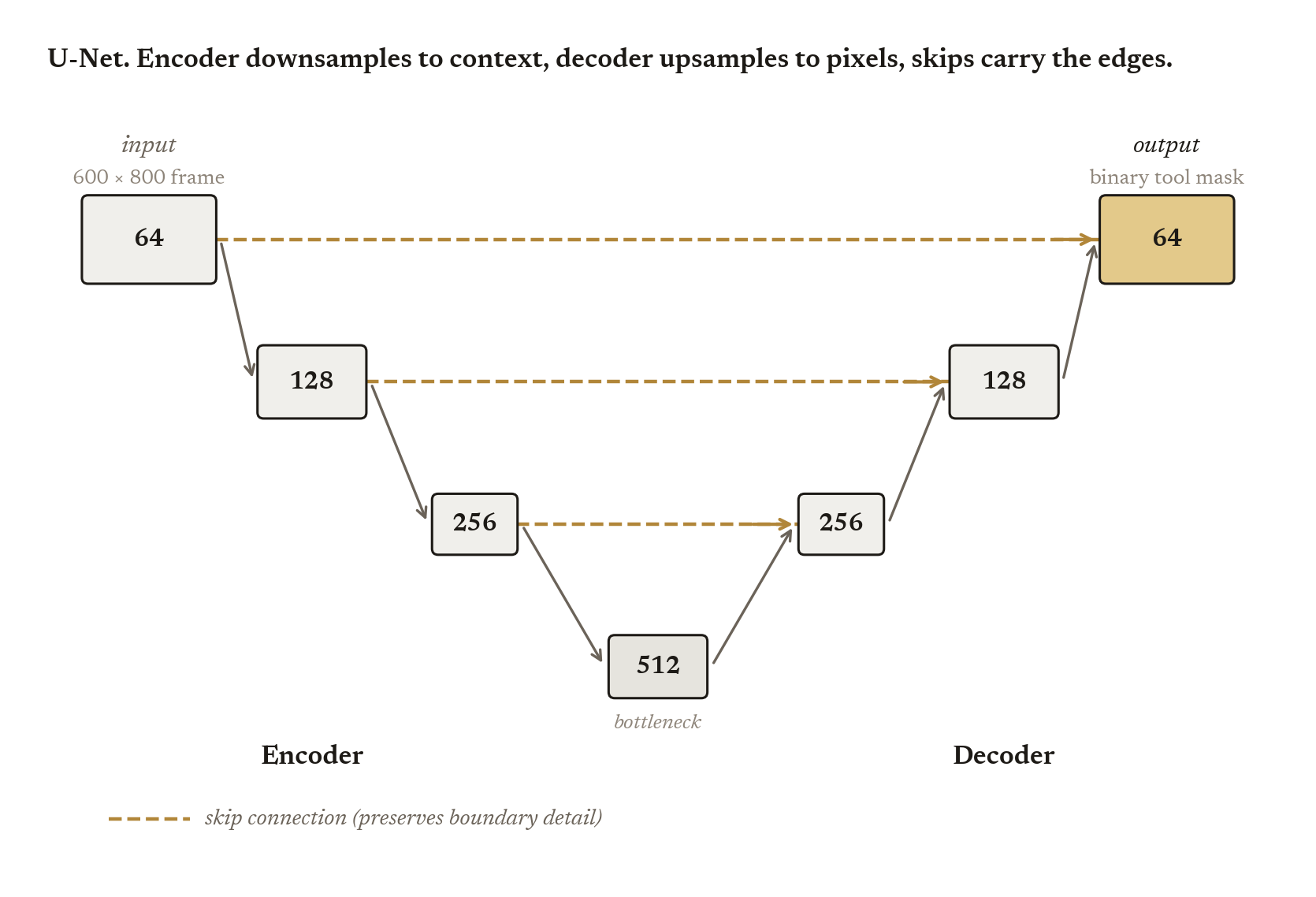 U-Net diagram showing encoder downsampling through 64, 128, 256 channel blocks into a 512-channel bottleneck, decoder upsampling back through 256, 128, 64, with dashed skip connections at each level carrying boundary detail to the matching decoder block.